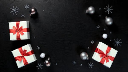Sharp, premium holiday flat-lay featuring symmetrical gifts and frosty decor providing a...