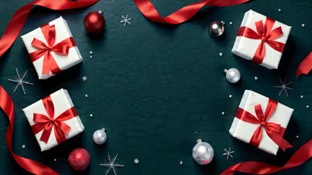 A high-end black winter scene emphasizing glossy red ribbons and precision lighting.の写真素材