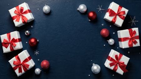 Premium holiday layout featuring glossy white presents tied with luxurious red bows, surrounded by metallic decorations and soft snow dust on a cool navy backdrop, creating a polished commercial look.の写真素材