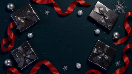 A commercial-grade festive composition highlighting satin red bows, white boxes, and snow accents around a rich denim-blue background.の写真素材