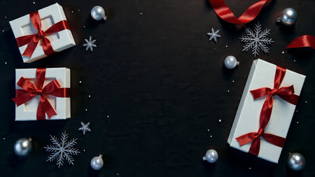 A cinematic plum-toned flat-lay with soft lighting illuminating festive gift boxes and winter decor.の写真素材