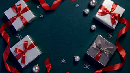 A high-end winter-white flat-lay with premium gift boxes and balanced ornament distribution across the frame.の写真素材