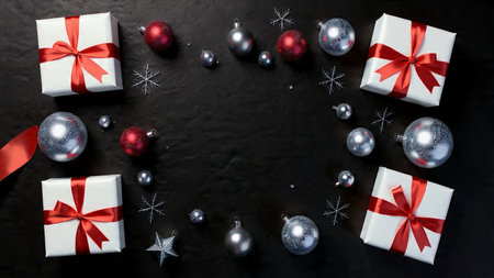 A minimalist luxury Christmas design with precision-aligned presents and delicate snow textures.の写真素材