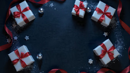 Sleek holiday product flat-lay featuring refined red bows, pearl-white ornaments, and sparkling metallic decor on a frosty deep-blue background.の写真素材