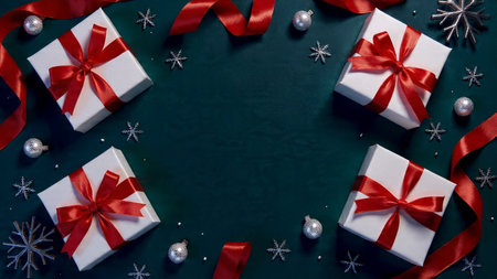 A luxury Christmas display featuring deep green winter ambiance and precise gift positioning.の写真素材