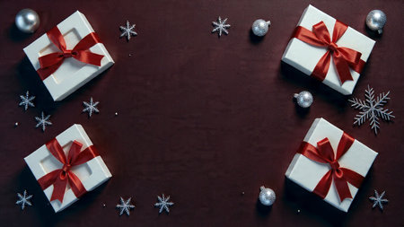 A premium festive flat-lay featuring deep green tones and high-detail winter textures.の写真素材