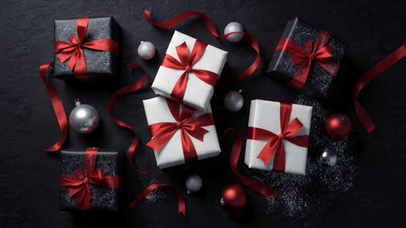 A luxury rose-gold Christmas flat-lay with crisp white gift boxes, shining red ribbons, and soft winter accents.の写真素材