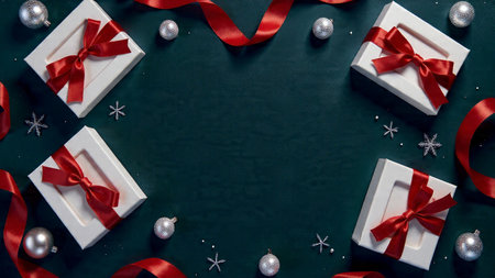 Elegant symmetric Christmas design with bright red satin ribbons, chrome ornaments, and a...