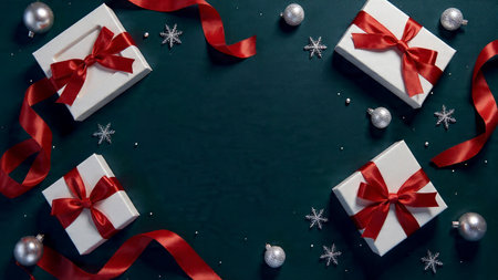Festive luxury scene with glowing red bows and ultra-detailed textures creating a commercial-grade...