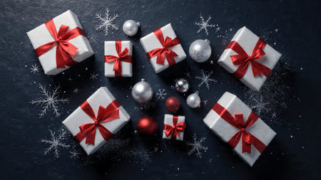 A cinematic festive shot using deep green surfaces and softly illuminated ornaments.