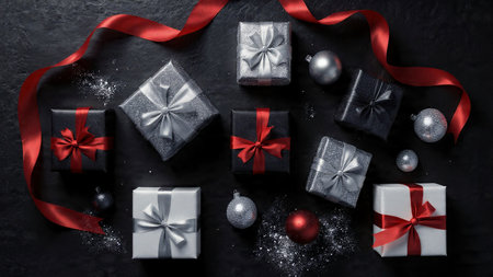 A polished festive red scene featuring delicate snow dust and perfectly aligned presents.