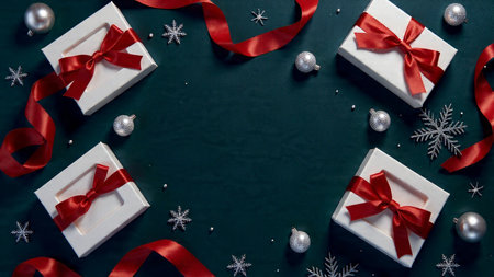 A premium winter composition featuring teal background richness and meticulously placed holiday decorations.の写真素材