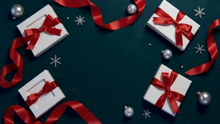 Sophisticated winter aesthetic featuring meticulously placed gifts and glamorous silver accents around a frosty backdrop.の写真素材