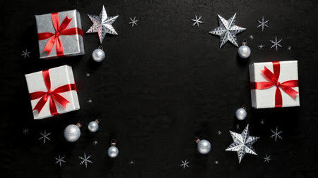 Premium winter-themed flat-lay featuring symmetrical Christmas gifts, reflective ornaments, and...