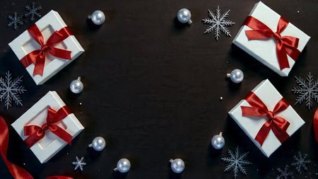 A polished holiday flat-lay with rose background, frosty particles, and crisp gift wrapping.