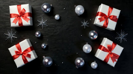 A premium ruby-red Christmas flat-lay with white boxes, silver accents, and soft snow.の写真素材