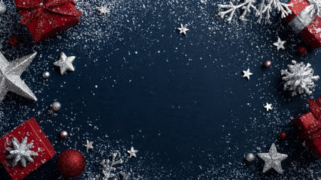 Premium-quality Christmas design incorporating elegant wrapping, snow dust, and soft metallic glimmer.の写真素材