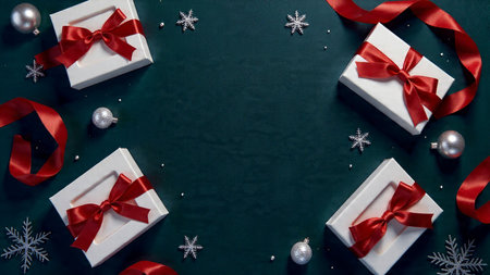Refined festive design with subtle snow haze, premium gift wrapping, and cool-toned ornaments.