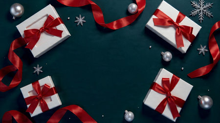 A commercial-style Christmas arrangement featuring satin bows and polished silver accents on a minimal white backdrop.の写真素材