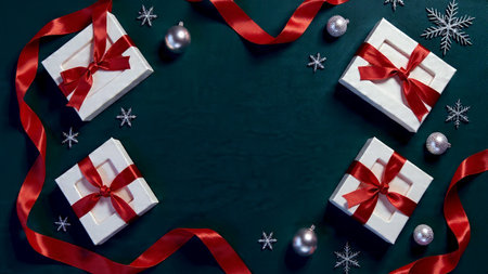 Minimalist yet premium Christmas scene with structured white gift boxes, metallic accents, and...