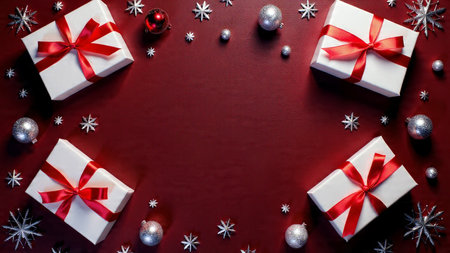Minimalist yet premium Christmas scene with structured white gift boxes, metallic accents, and...
