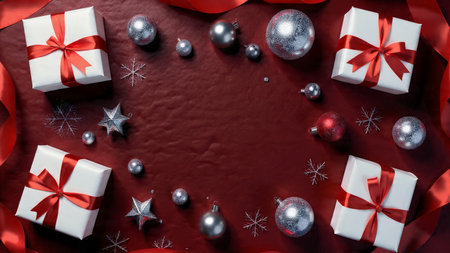 Luxury winter holiday composition with cold blue tones and shimmering silver accents around artisan-wrapped gifts.の写真素材