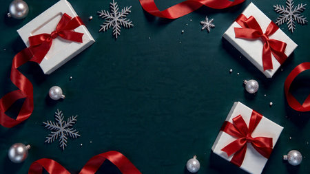 Elegant holiday arrangement with precision lighting highlighting red ribbons and metallic...