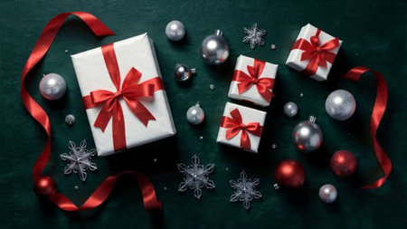 A luxurious holiday flat-lay displaying red-ribboned presents positioned symmetrically on a deep winter-blue backdrop, highlighted by metallic baubles and soft falling snow.の写真素材