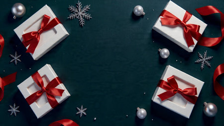 A polished winter flat-lay with plum backdrop, glossy ribbons, and reflective metallic accents.