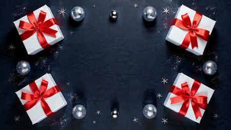 A premium purple background Christmas scene featuring satin ribbons, snow textures, and polished...