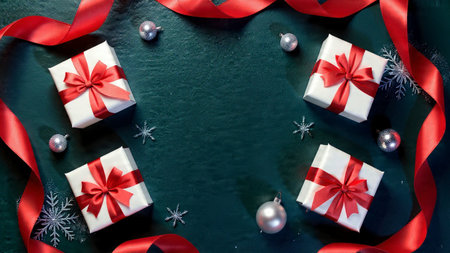 A sophisticated layout of white gift boxes with glossy red bows, metallic spheres, and subtle...