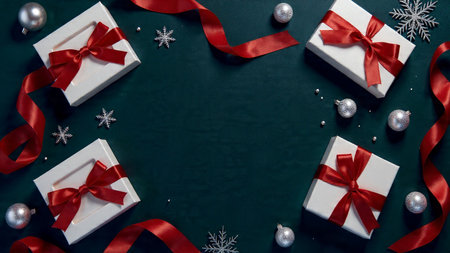 Commercial Christmas layout showcasing white boxes and glamorous red ribbons surrounded by metallic elements on a deep-sea blue backdrop.の写真素材