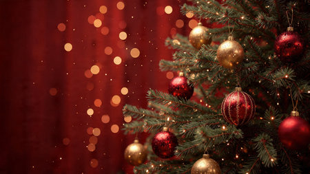 Cozy holiday banner with shimmering red baubles and delicate gold sparkles.の写真素材