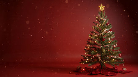 Cozy winter holiday design with soft golden sparkles and decorated branches.の写真素材