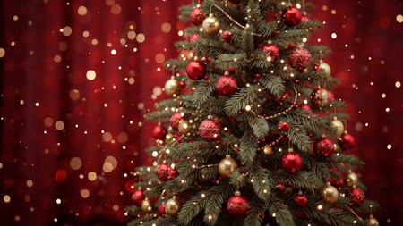 Holiday atmosphere with warm glowing fairy lights illuminating classic red ornaments.の写真素材