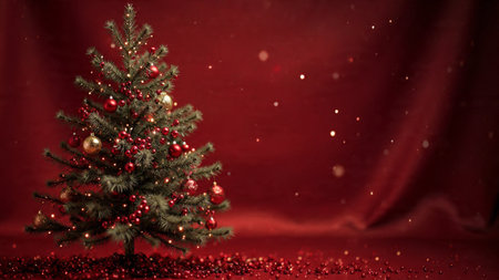 High-end festive design with premium red glass ornaments, gold details, and illuminated holiday lights over a smooth crimson background.の写真素材