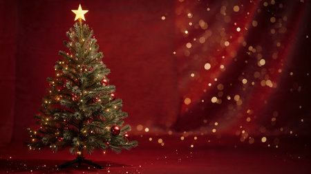 Christmas-themed backdrop with sparkling red baubles and gold dust floating across a warm red gradient.の写真素材