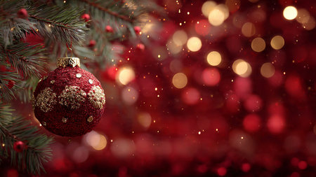 Elegant festive mood with soft red tones and glowing warm lights.の写真素材