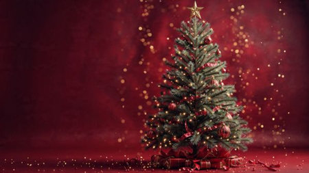 Warm holiday gradient with floating gold particles and tree decorations.の写真素材