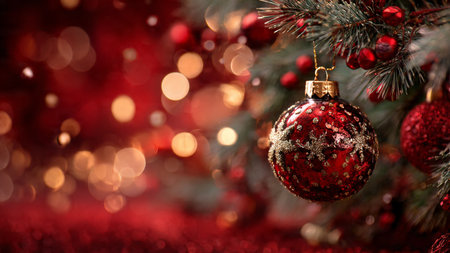 Soft magical Christmas glow with shimmering red ornaments and golden lights.の写真素材