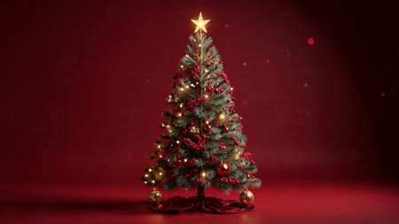 Warm cozy Christmas ambience with glowing lights over a deep red background.の写真素材