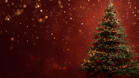 Premium Christmas visual highlighting sparkling ornaments in red and gold, nestled among realistic tree textures, with a smooth crimson background and glimmering dust.の写真素材