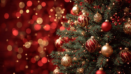 Elegant soft-glow Christmas background with lush branches and warm bokeh.の写真素材