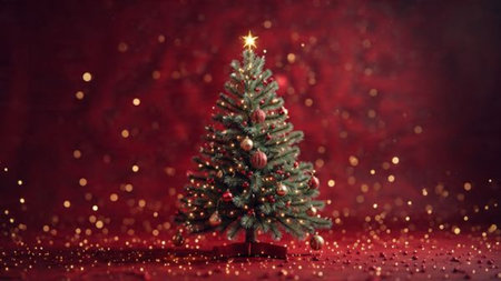 Festive arrangement with glowing ornaments surrounded by shimmering bokeh.の写真素材