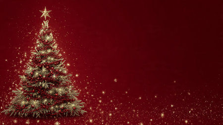 Modern Christmas design with crystal-red decorations and sparkling gold reflections over a warm backdrop.の写真素材