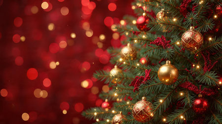 Sophisticated holiday composition with classic red-and-gold decorations on dense pine branches, surrounded by soft glowing bokeh on a warm red background.の写真素材