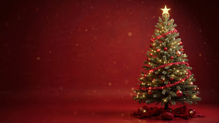 Christmas-themed red background featuring detailed branches and shimmering lights.の写真素材