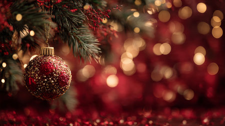 Festive red background with warm sparkling fairy lights and traditional decor.の写真素材