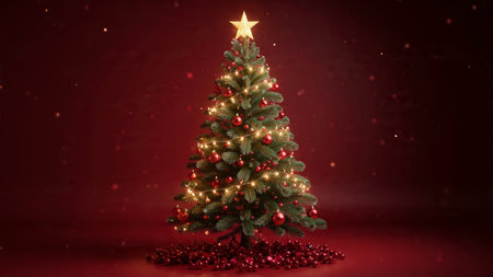 Red-background Christmas scene featuring a decorated tree with sparkling ornaments and a warm glow for a premium festive look.の写真素材
