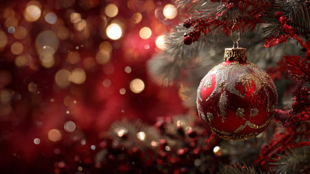 Holiday celebration scene with glowing fairy lights and crystal-red decorations.の写真素材